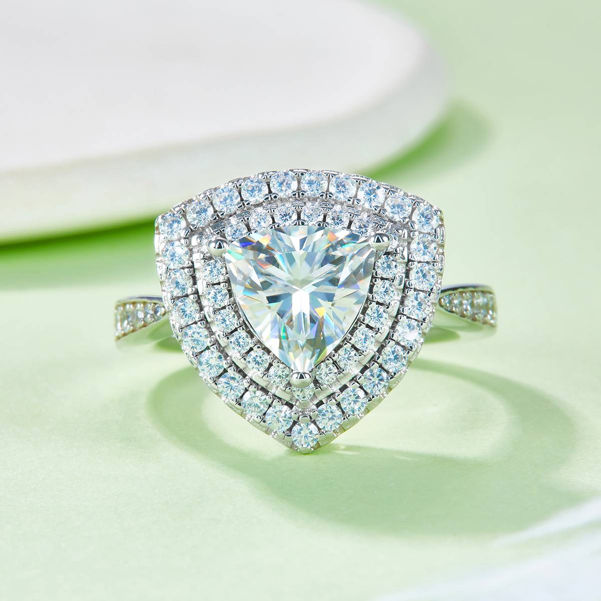 Deluxe Set Triangular S925 Silver Plated Platinum Moissanite Diamond Women's Ring 2.0 Carat D-Class